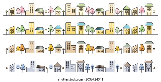 Line Drawing Four Seasons Cityscape Illustration