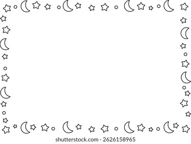 Line drawing of a frame with moon and stars. Cute, simple, flat. Vector illustration.