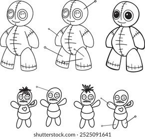 Line Drawing Freehand Voodoo Dolls Patchwork Handmade Style. Witch Set Design For Halloween. Ritual Doll With Needles Cartoon Style. Illustration For Children's Book Logo Spooky Black Line Contour