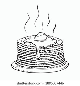 Line drawing fried thin pancakes with a slice of butter on the plate doodle outline. Vector logo. Traditional Russian Crepes Blini. Black and white pancakes isolated illustration.