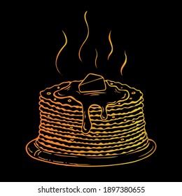Line drawing fried thin pancakes with a slice of butter on the plate doodle outline. Vector logo. Traditional Russian Crepes Blini. Black and white pancakes isolated illustration.