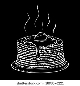 Line drawing fried thin pancakes with a slice of butter on the plate doodle outline. Vector logo. Traditional Russian Crepes Blini. Black and white pancakes isolated illustration.