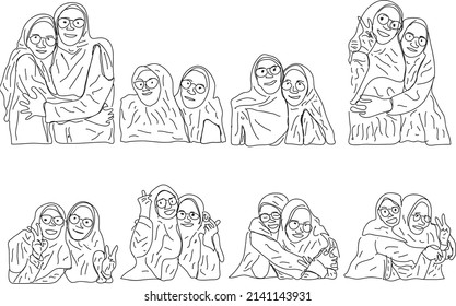 line drawing of friends of two women who are taking pictures.line art. vektor art.vector people.one line art