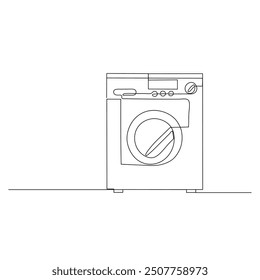 A line drawing of a front-loading washing machine, showcasing its door and control panel, ideal for illustrating household appliances