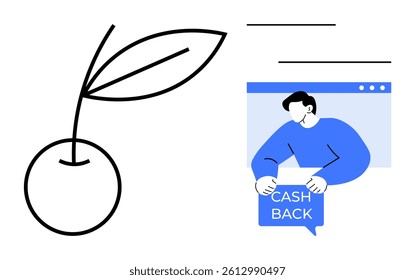 Line drawing of a fruit with leaves next to a person in a web browser window holding a Cash Back sign. Ideal for e-commerce, web design, marketing, financial savings, online shopping. Simple modern