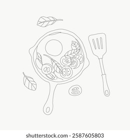 Line drawing of a frying pan with an egg, tomatoes, and leaves. Includes a spatula. Simple kitchen illustration, frying pan and egg focus, minimal style. Line art illustration vector.