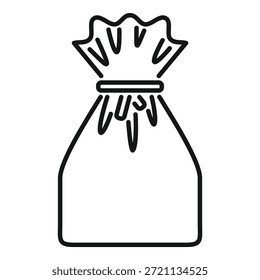 Line drawing of a full sack with tied neck and label showing grains inside is standing upright