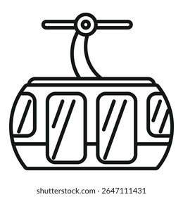 Line drawing of a funicular cabin hanging on a cableway, transporting people to the top of a mountain