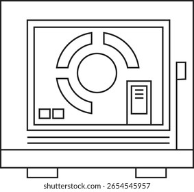 Desenho em linha de um dispositivo eletrônico futurista ou caixa.  Apresenta formas circulares e retangulares.