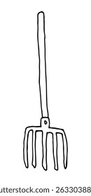 Linienzeichnung eines Gartengabelwerkzeugs mit langem Griff und vier scharfen Zinken
