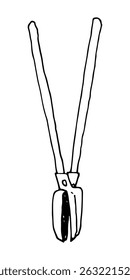Line drawing of a garden hoe tool with long handles and a curved blade