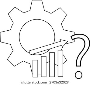 A line drawing of a gear a question mark a graph with an arrow going up