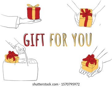 line drawing Gift box with hand, 

concept for boxing day sale