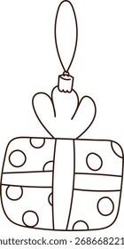 Un dibujo de línea de una caja de regalo con lunares y un adorno superior. El presente está envuelto con una cinta y cuenta con una chuchería decorativa. Ilustración vectorial de dibujos animados.