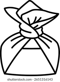 A line drawing of a gift or treat wrapped in fabric, tied with a decorative knot at the top.  The style is simple and elegant.