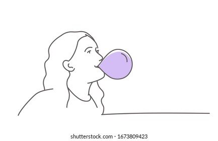 Line drawing of girl with bubble gum. Vector.