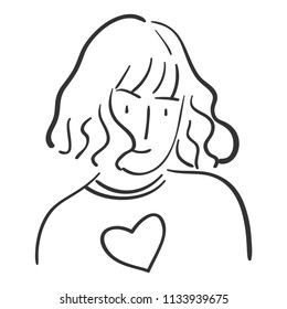 line drawing of a girl with curly hair cute smiling happy.
  cartoon character vector illustration