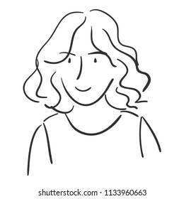 line drawing of a girl with curly hair cute smiling happy.
  cartoon character vector illustration