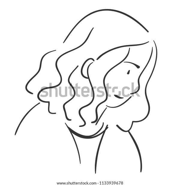 Line Drawing Girl Curly Hair Cute People Stock Image