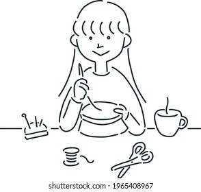 Line drawing of a girl doing embroidery, simple drawing
