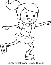 Line drawing of a girl figure skating. Ice skating.  Cute, fun. Vector illustration.