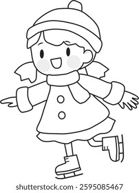 Line drawing of a girl ice skating. Figure skating.  Cute, fun. Vector illustration.