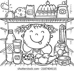 Line Drawing Of A Girl Looking Inside Fridge With Food, Outline Vector Clipart