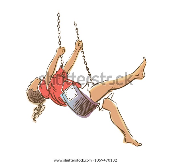 Line Drawing Girl On Swing Stock Vector Royalty Free