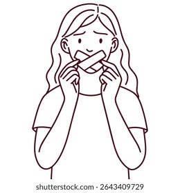 Line drawing of girl putting tape on her own mouth. Represents self-censorship, emotional fear, and submission