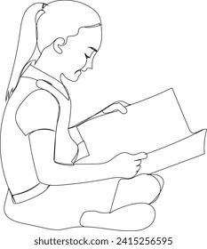 line drawing of girl reading book vector illustrations