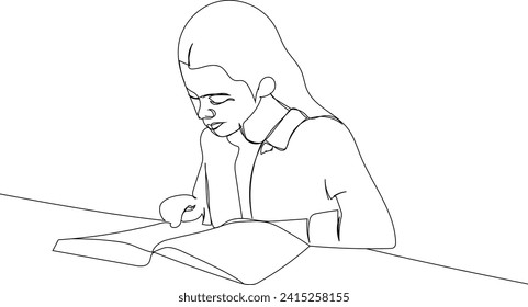 line drawing of girl  reading book vector illustrations