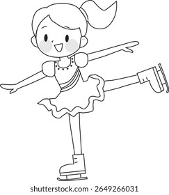 Desenho de linha de uma menina usando patinação artística. Patinação no gelo. Bonitinho, divertido. Ilustração vetorial.