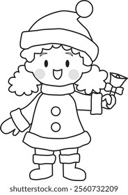 Line drawing of a girl wearing Santa costume smiling and holding a bell. Christmas. Cute. Vector Illustration.

