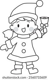 Line drawing of a girl wearing Santa costume smiling and holding a bell. Christmas. Cute. Vector Illustration.

