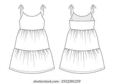 Dibujo de línea del vestido de una niña con tirantes de espagueti y niveles reunidos, incluyendo vistas frontales y traseras.