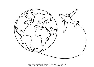 Line drawing of globe with airplane. Airline travel and flights. Flight route path on world map in simple linear style. Doodle vector illustration