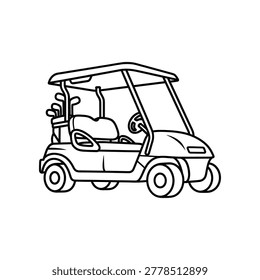 Line drawing golf cart with two passengers and golf clubs on board