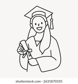 Line drawing of a graduate in cap and gown holding a diploma. Simple illustration of a smiling graduate celebrating academic achievement. Person, character illustration vector.