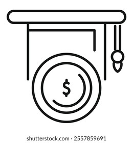 Line drawing of a graduation hat hanging over a dollar coin representing the burden of student loan debt