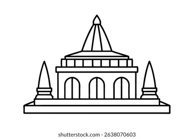 Line drawing of a grand temple building with twin towers