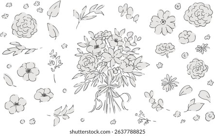 Line drawing grass and trees. Vector bouquet illustration of plants and trees. Simple grass and trees graphic.