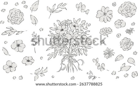 Line drawing grass and trees. Vector bouquet illustration of plants and trees. Simple grass and trees graphic.