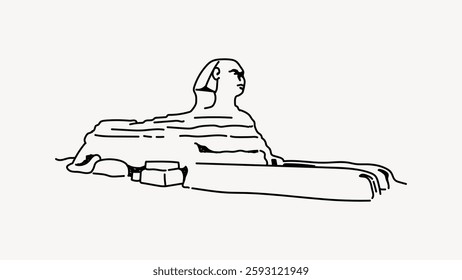 Line drawing of the Great Sphinx of Giza, an iconic ancient Egyptian monument with a lion's body and a human head, symbolizing mystery and history. Vector illustration.