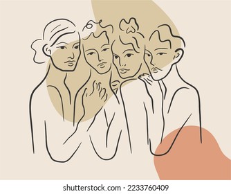 Line drawing of a group of girls and abstract figures, fashion concept, minimalist female beauty, vector illustration for t-shirt, slogan, print design, graphic style.