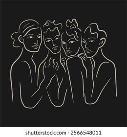 Line drawing of a group of girls, fashion concept, minimalist female beauty, vector illustration for t-shirt, slogan, print design, graphic style.