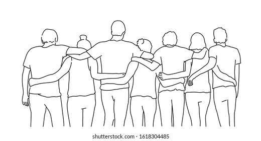 Line drawing of group of happy friends hugging. Tourism, travel, people, leisure and teenage concept. Vector illustration.