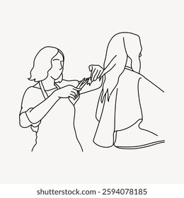 Line drawing of a hairstylist cutting a client's hair. The hairstylist holds scissors, focusing on the client's long hair. Minimalist art of a salon scene. Vector illustration.