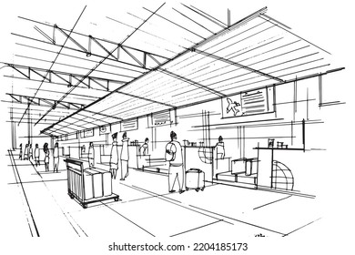 Line-Zeichnungshalle am Flughafen,Skizzen von Personen, die in einem internationalen Flughafen reisen,Modernes Design,Vektorgrafik,2d