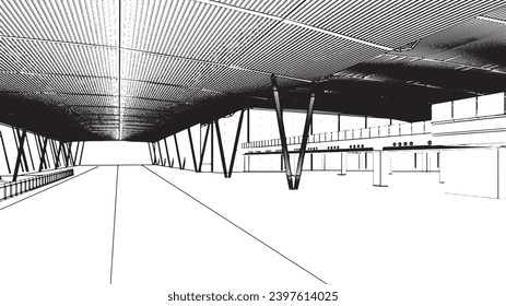 Line drawing of a hallway in a department store.,3d rendering