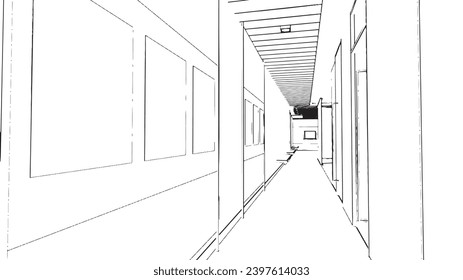 Line drawing of a hallway in an office building,3d rendering